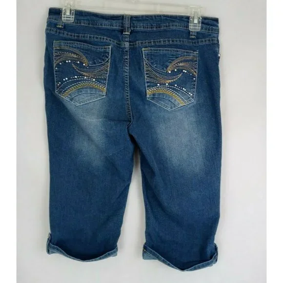 Blue Identity Jewelled Embroidered Whiskered Distressed Jean Shorts Size 12P - Picture 3 of 7